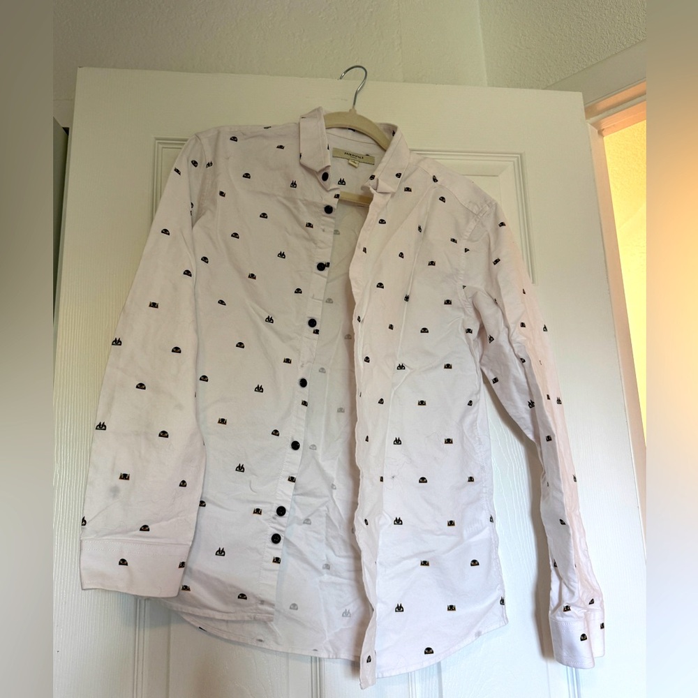 White Button-Up Shirt with Black Pattern